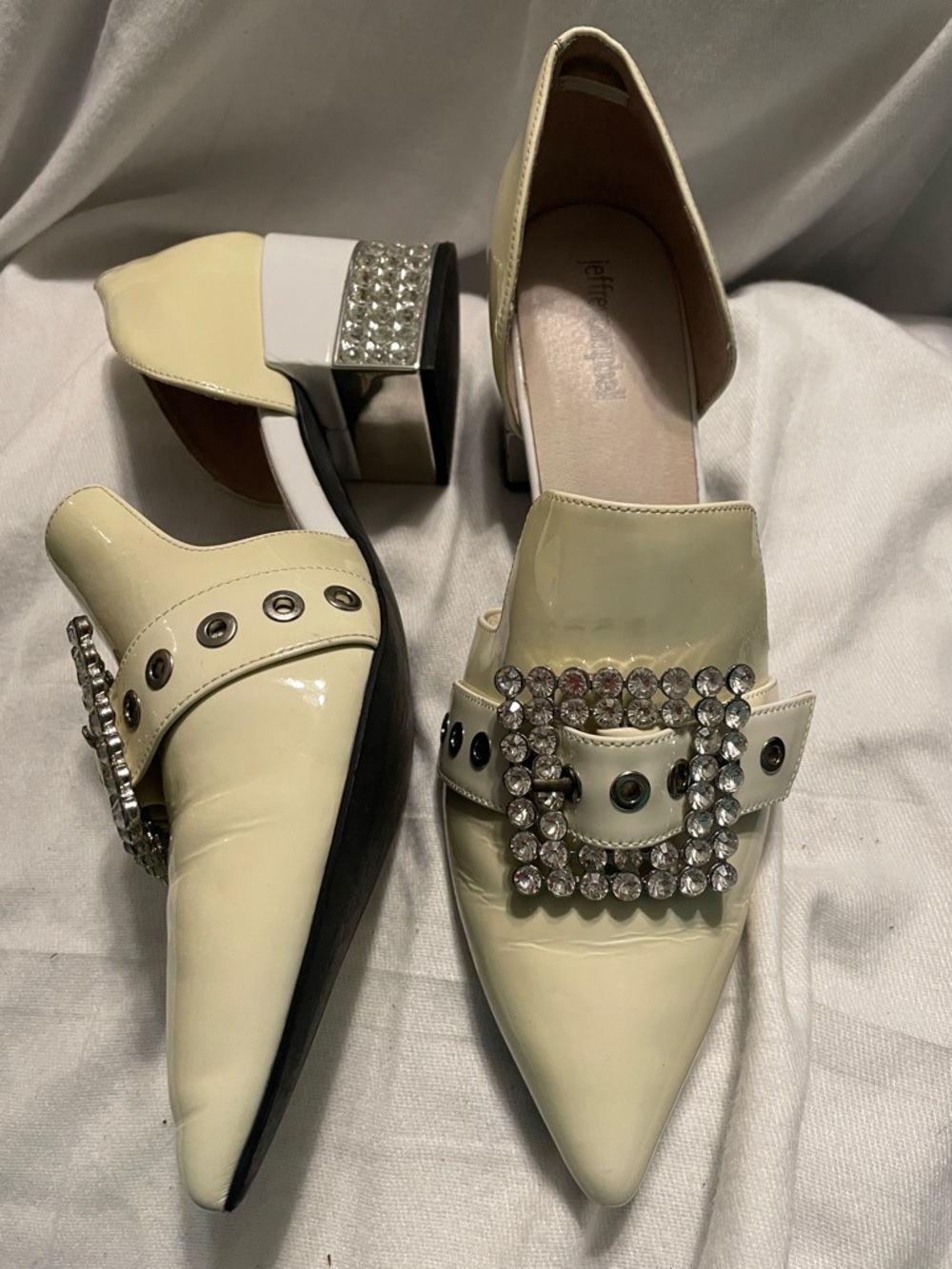 Jeffrey Campbell Cream Patent Pointed-Toe Rhinestone Buckle Mules